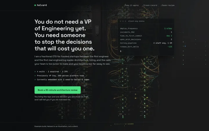 Homepage design for a fractional CTO, dark layout with a monospace engineering status panel