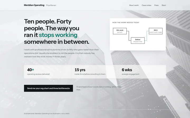 Homepage design for an operations consultant, structured grid layout with a process diagram