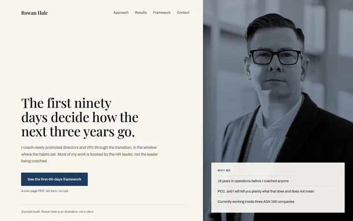 Homepage design for an executive coach, editorial serif layout on a warm off-white background