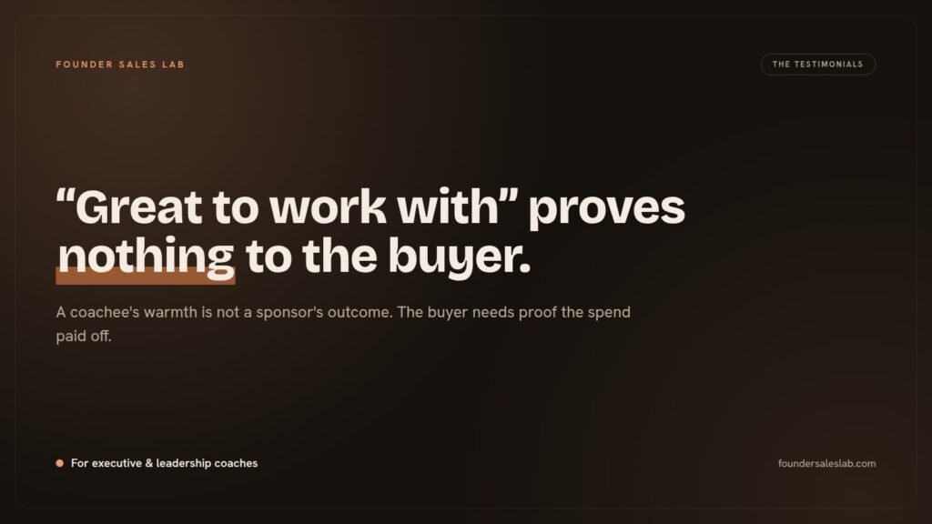 Founder Sales Lab banner reading "Great to work with proves nothing to the buyer."