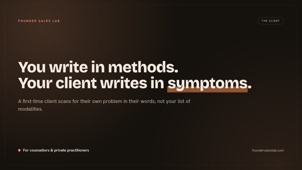 Founder Sales Lab banner reading "You write in methods. Your client writes in symptoms."