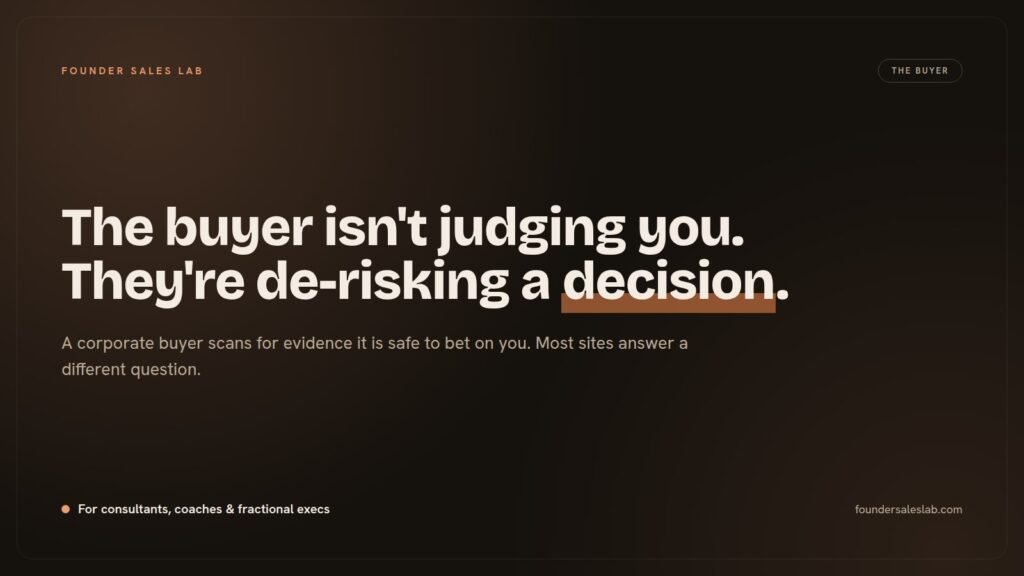 Founder Sales Lab banner reading "The buyer isn't judging you. They're de-risking a decision."