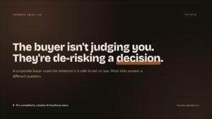 Founder Sales Lab banner reading "The buyer isn't judging you. They're de-risking a decision."